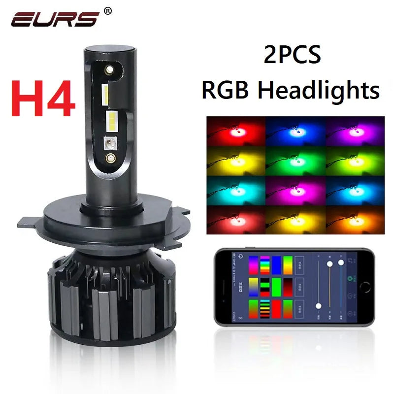 RGB LED Headlight Bulb Kit with App Control – Multi-Fit H1 H4 H7 H11 9005 9006 D2S D3S (Pair)