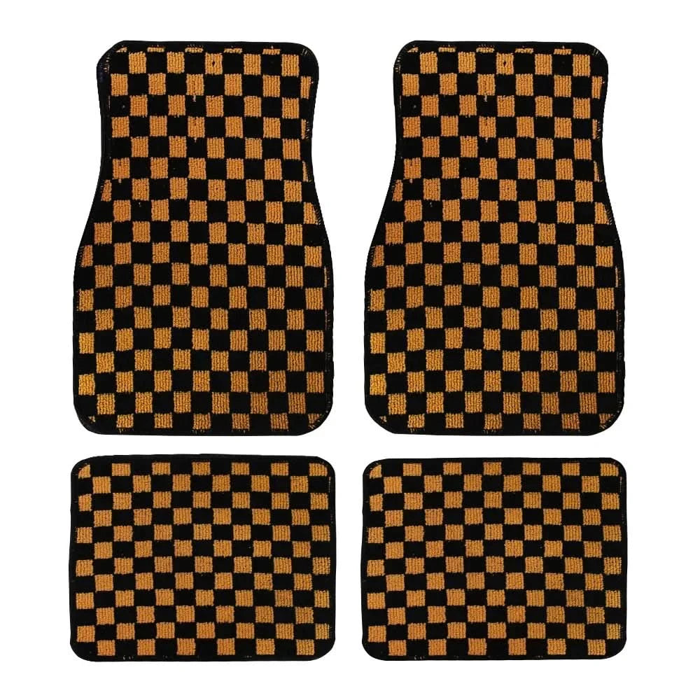 Universal Racing Checkered Plush Floor Mats – All-Weather Non-Slip Interior Carpet Set (4-Piece)