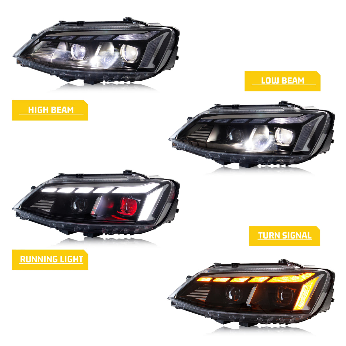 LED Projector Headlights for VW Jetta MK6 2011–2018 – Sequential Turn Signals & Start-Up Animation (Halogen Models Only)