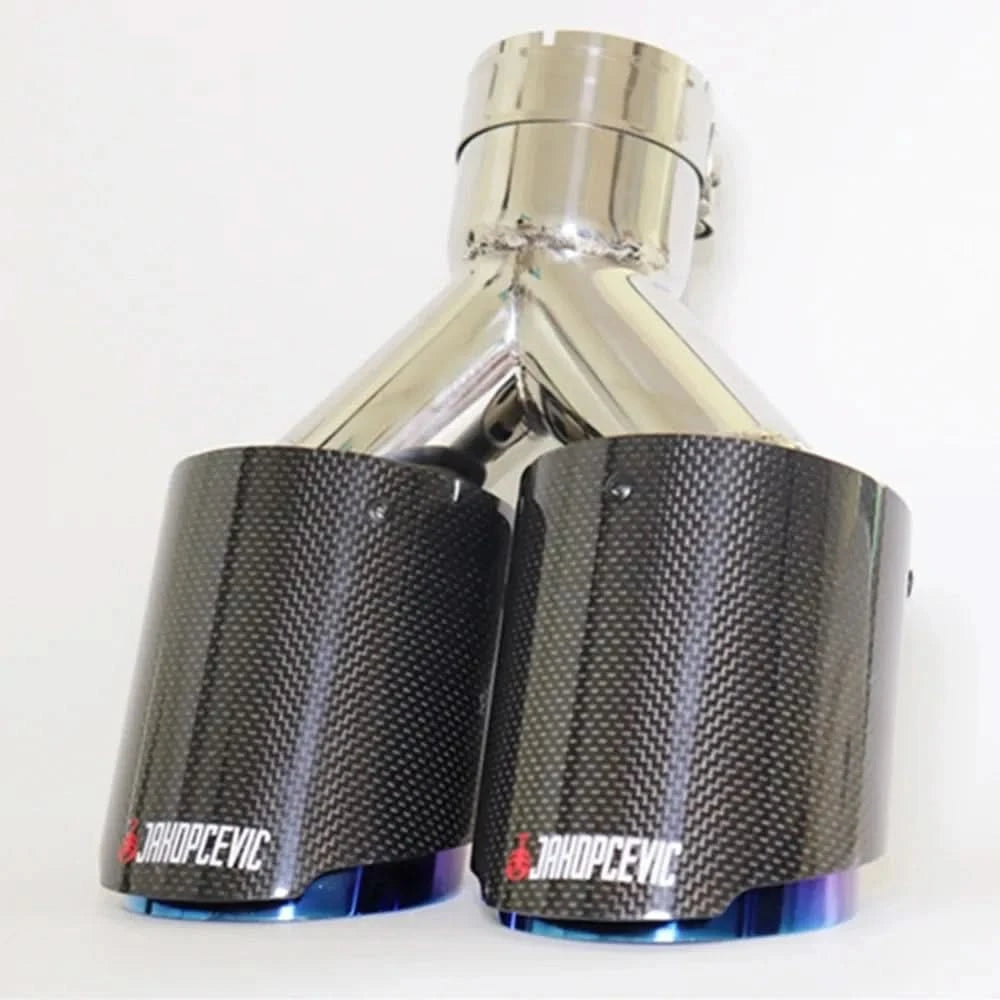 Universal Dual Exit Carbon Fiber Exhaust Tip – Blue Stainless Steel Y-Pipe Performance Muffler (Single Piece)