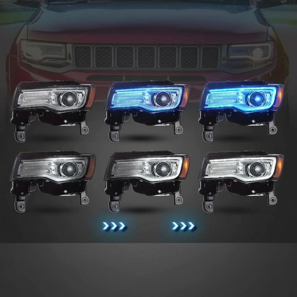 LED Headlight Assembly for Jeep Grand Cherokee WK2 (2014–2021) – Chrome Housing, Dynamic Turn Signals & Start-Up Animation