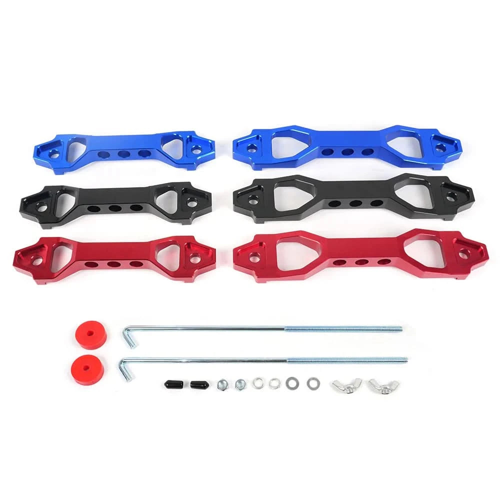 Billet Aluminum Battery Tie Down Bracket – 140mm / 190mm Performance Battery Hold-Down Mount (Red / Black / Blue)