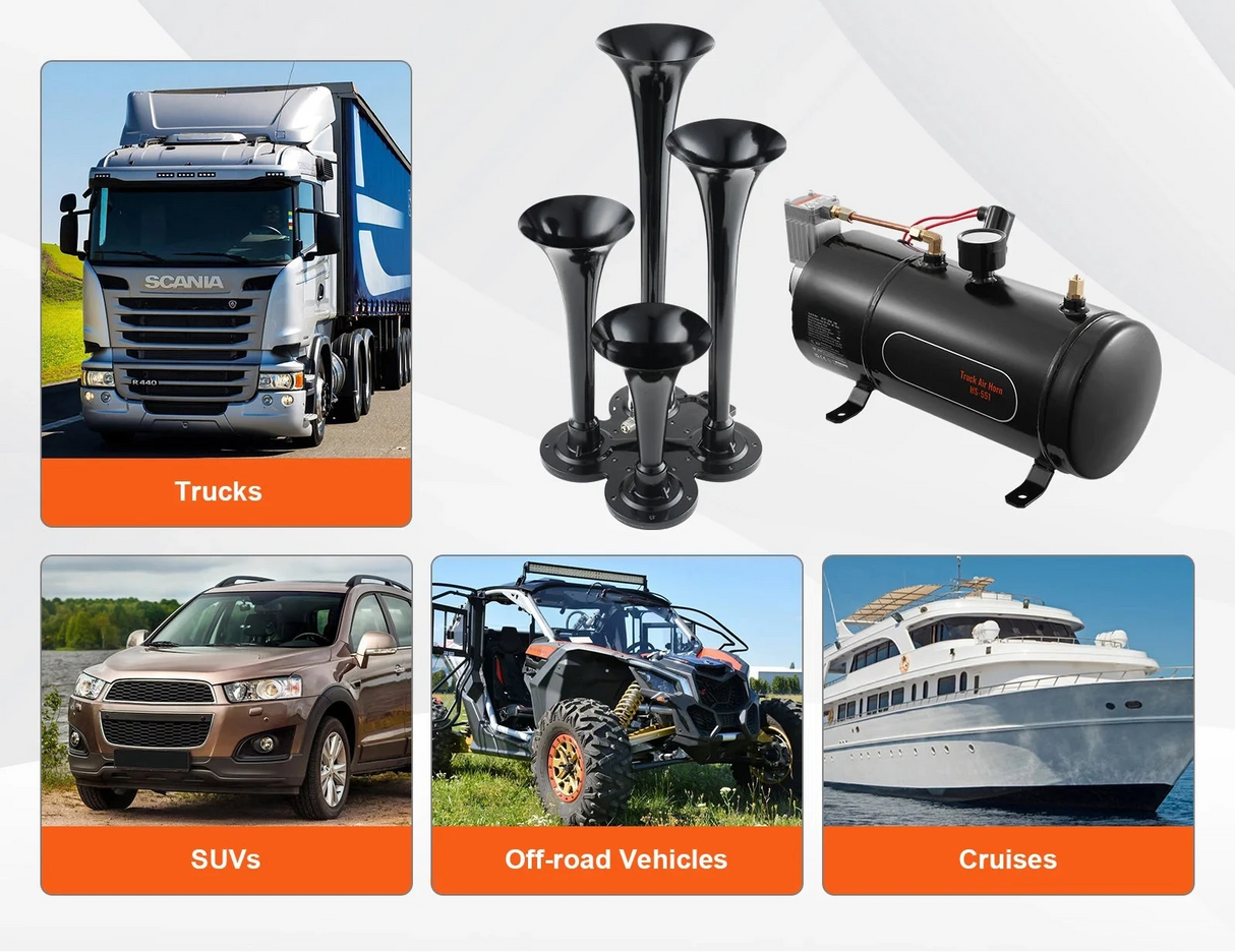 Trumpet Train Horn Kit with 12V 120 PSI Air Compressor – Universal for Trucks, Pickups & SUVs
