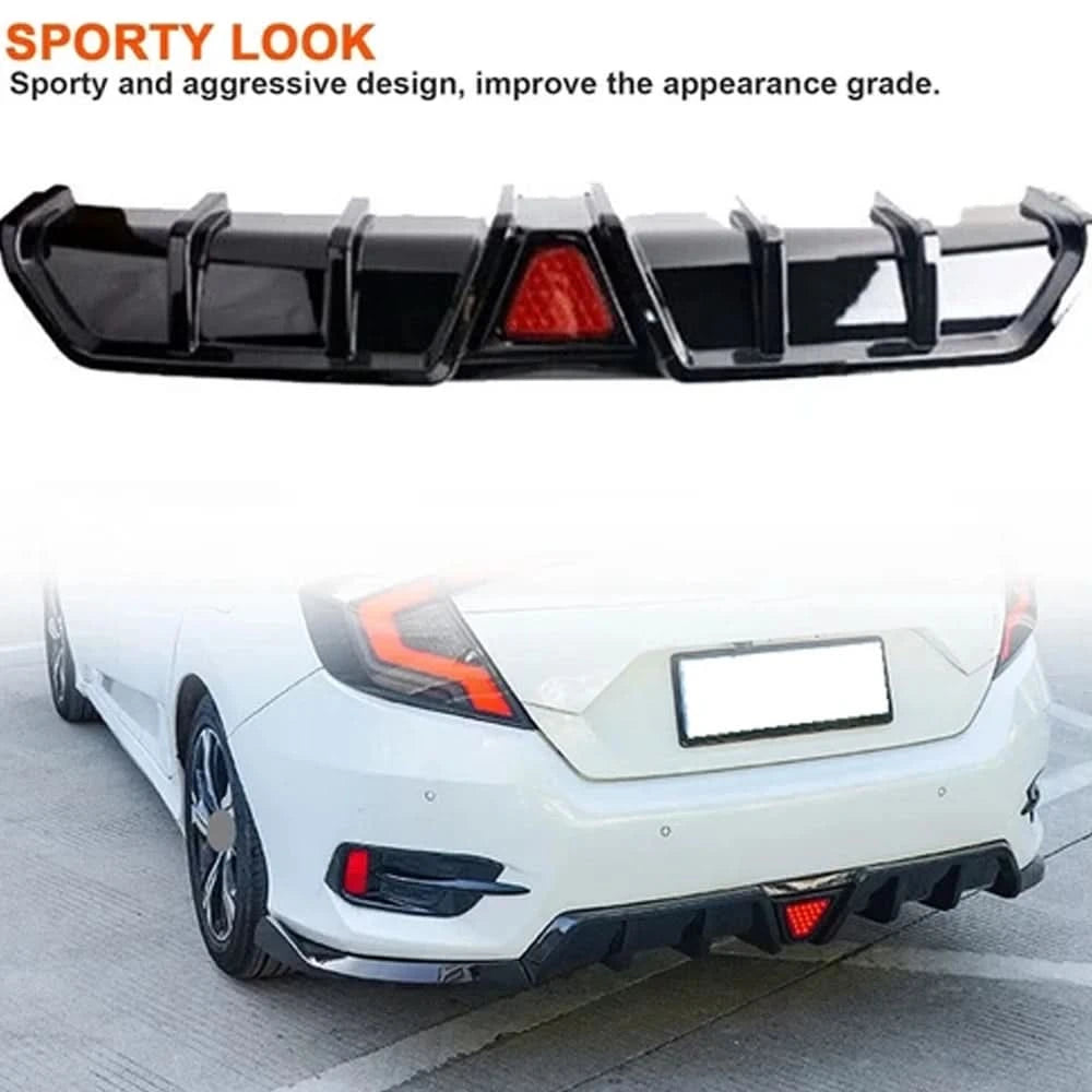 Honda Civic Rear Bumper Diffuser & Splitter Kit with LED Accent – Gloss Black (2016–2022 Sedan)