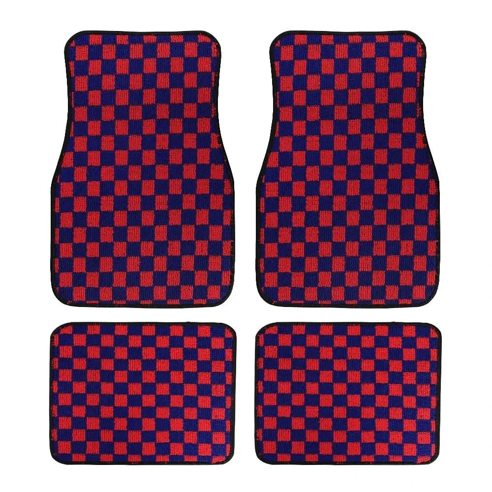 Universal Racing Checkered Plush Floor Mats – All-Weather Non-Slip Interior Carpet Set (4-Piece)