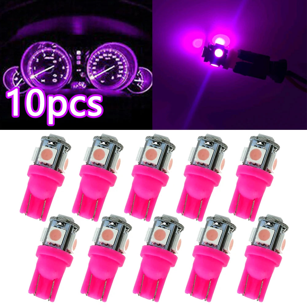 T10 LED Interior Bulbs (Pink/Purple) – 12V W5W 194 168 158 5050 SMD Car Dome, Map, Tail & Side Marker Light Set (10PCS)