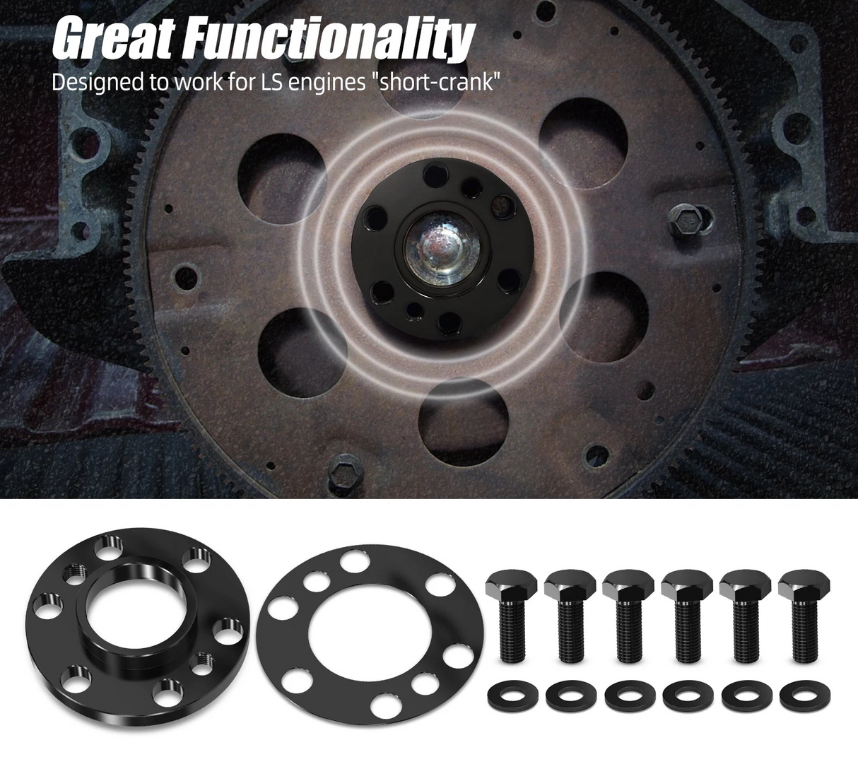 LS Short Crank Flexplate Spacer with Bolts for LS1 / LS2 / LS3 / LS6 / LS7 & GM 5.3L / 5.7L / 6.0L / 6.2L to SBC Transmission Adapter (Replaces 12563532 / 12563533)