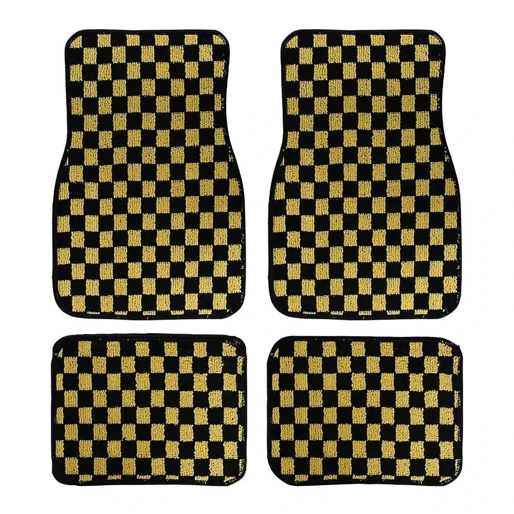 Universal Racing Checkered Plush Floor Mats – All-Weather Non-Slip Interior Carpet Set (4-Piece)