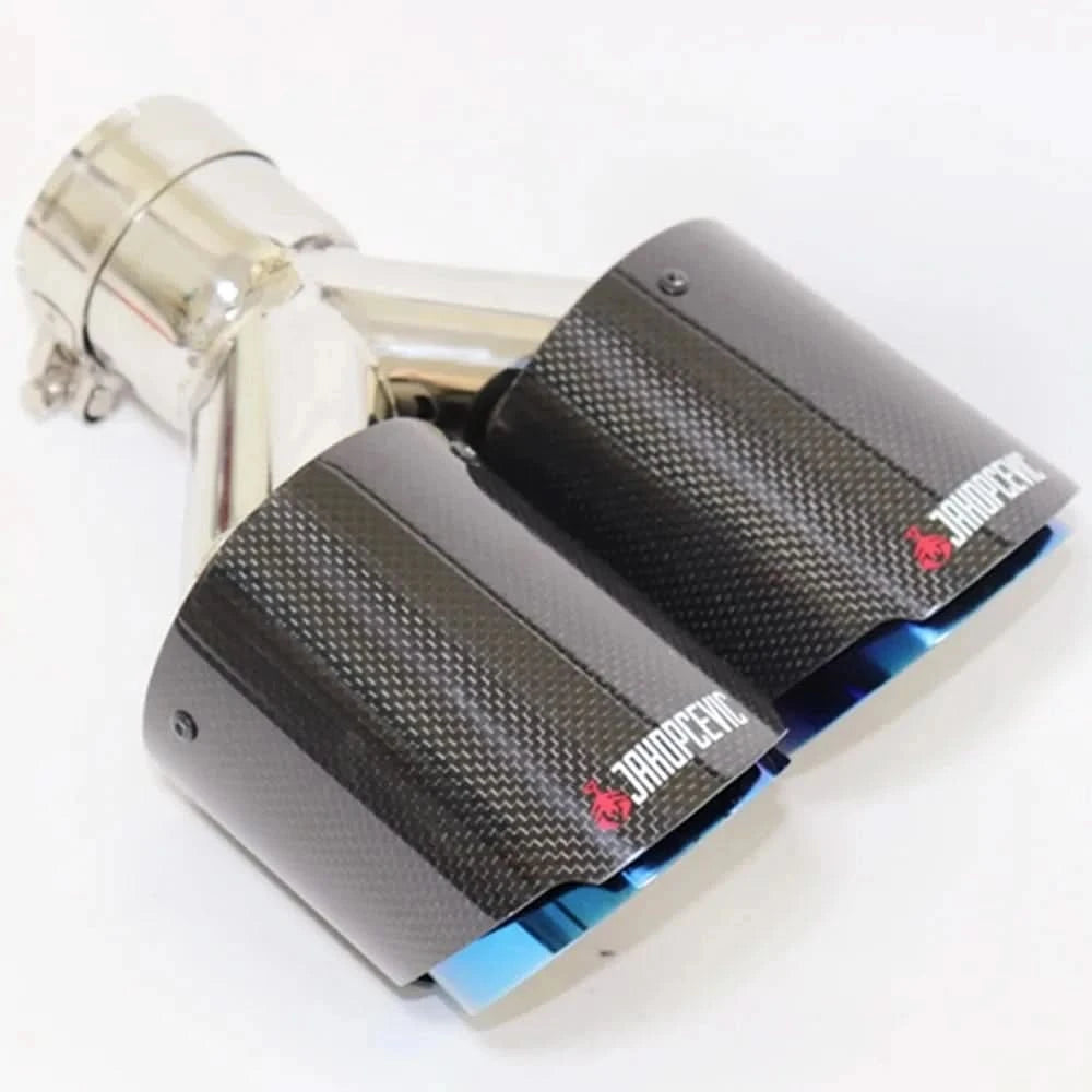 Universal Dual Exit Carbon Fiber Exhaust Tip – Blue Stainless Steel Y-Pipe Performance Muffler (Single Piece)