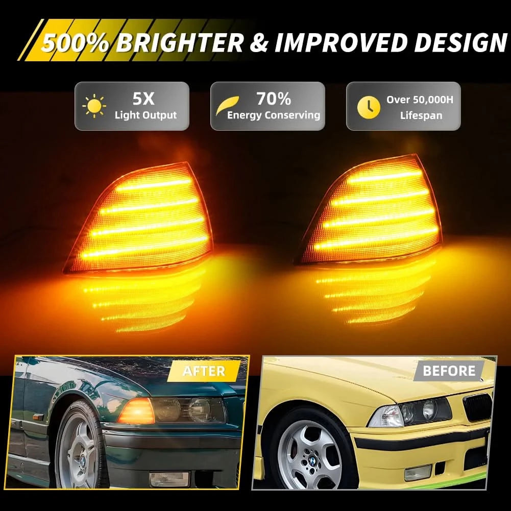 BMW E36 Coupe LED Front Corner Turn Signal Lights – Sequential Amber / White DRL (1992–1999, Pair)