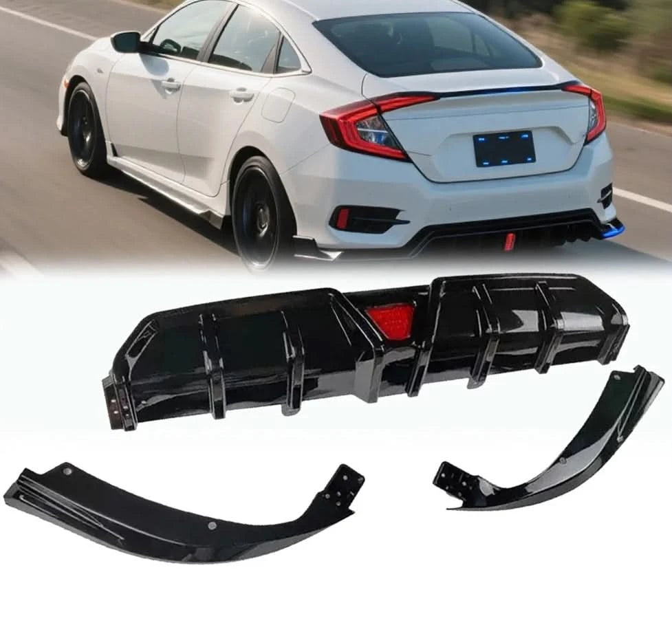 Honda Civic Rear Bumper Diffuser & Splitter Kit with LED Accent – Gloss Black (2016–2022 Sedan)