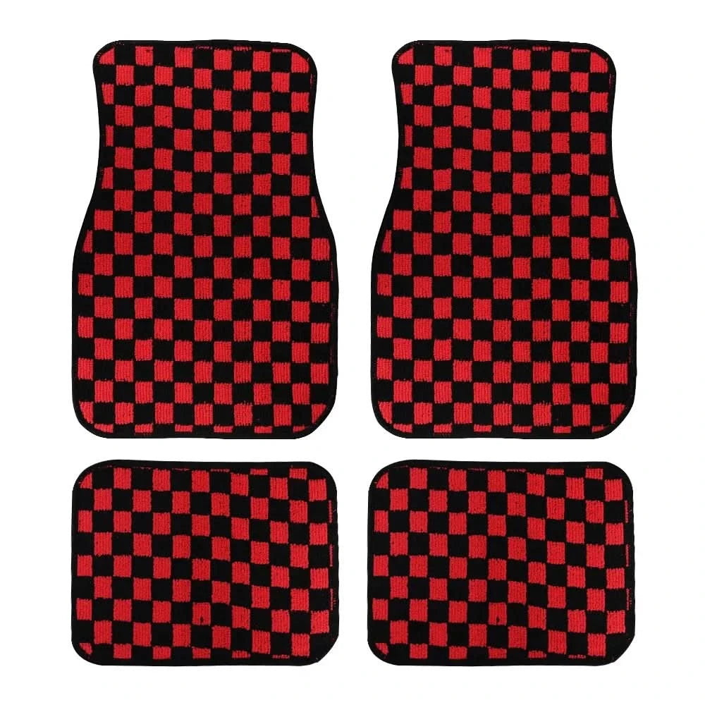 Universal Racing Checkered Plush Floor Mats – All-Weather Non-Slip Interior Carpet Set (4-Piece)