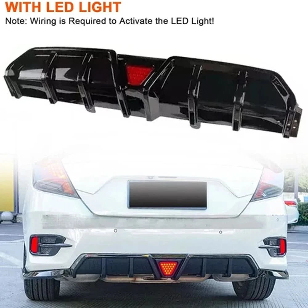 Honda Civic Rear Bumper Diffuser & Splitter Kit with LED Accent – Gloss Black (2016–2022 Sedan)