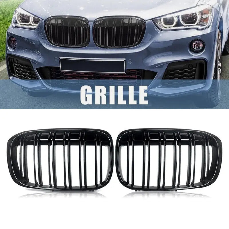 BMW X1 F48/F49 M-Style Front Kidney Grilles – Gloss Black Double-Line Upgrade (2016–2020)