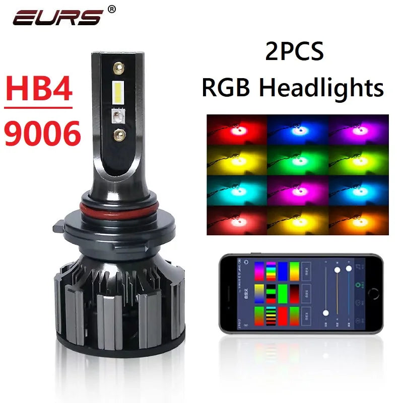 RGB LED Headlight Bulb Kit with App Control – Multi-Fit H1 H4 H7 H11 9005 9006 D2S D3S (Pair)