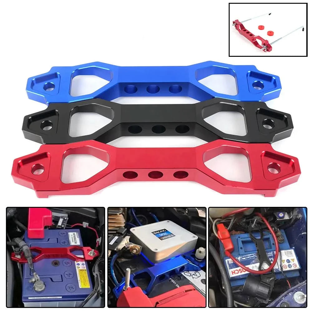 Billet Aluminum Battery Tie Down Bracket – 140mm / 190mm Performance Battery Hold-Down Mount (Red / Black / Blue)