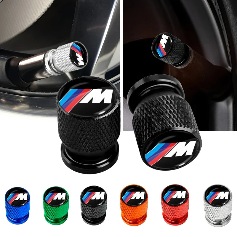 BMW Anodized Aluminum Tire Valve Stem Caps 4-Piece Set with Rubber O-Ring Seals (Universal Fit / E34 / E36 / E39 / E46 / E60 / E70 / E90 / F10 / F20 / F30 / X1 / X5 / X6 / M3 / M5 / M6)