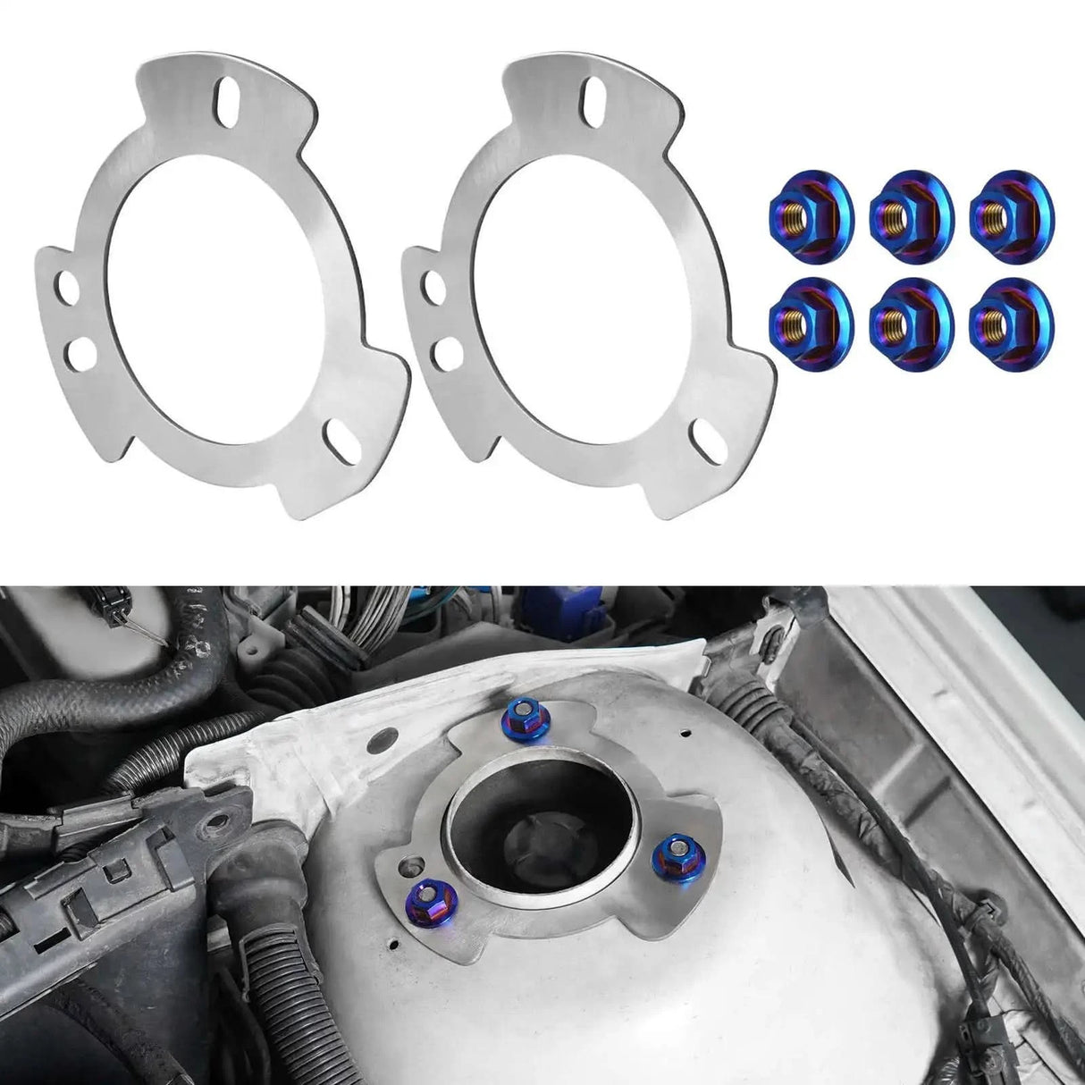 E46 Front Shock Tower Reinforcement Plates & Lightweight Strut Tower Nut Kit (2002–2006)