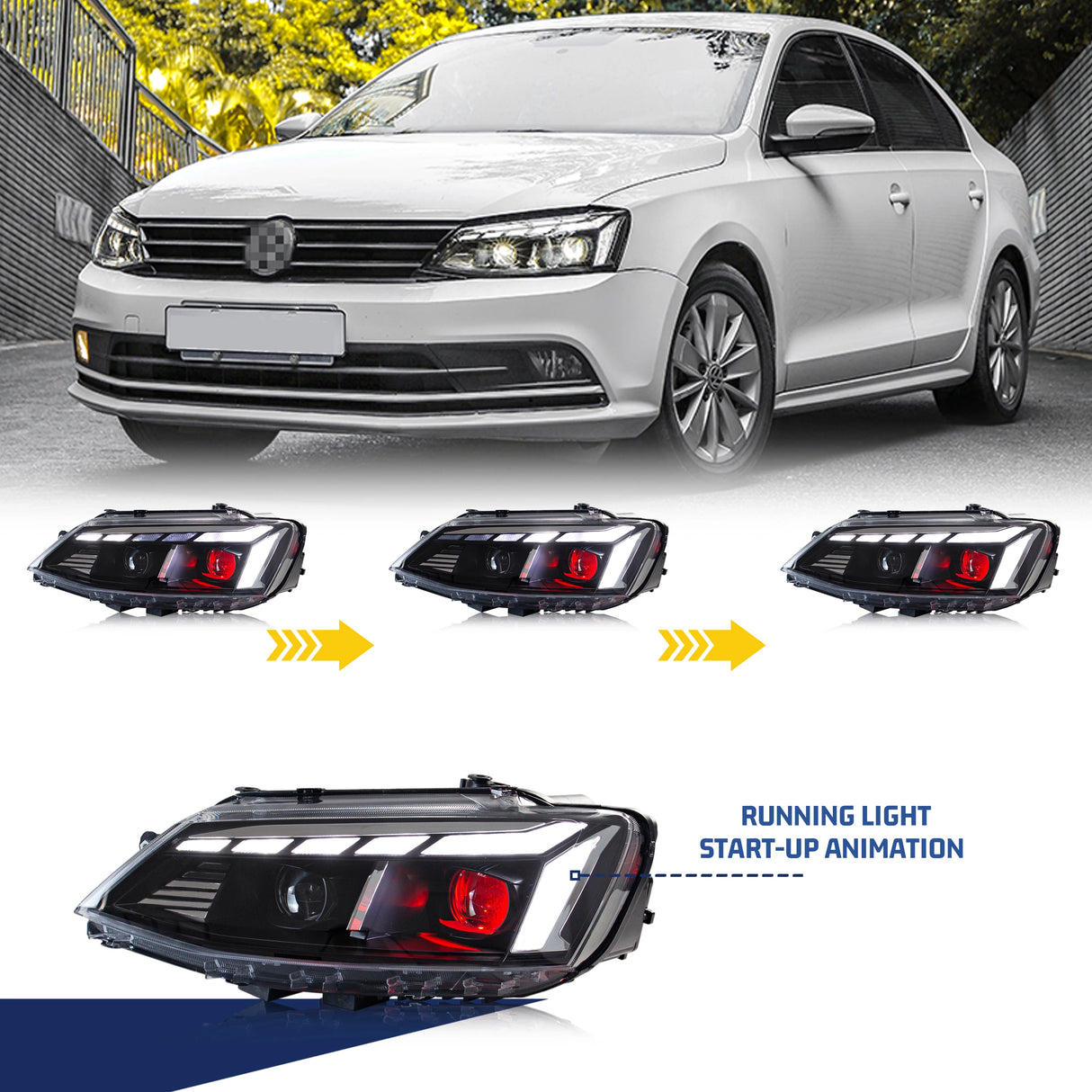 LED Projector Headlights for VW Jetta MK6 2011–2018 – Sequential Turn Signals & Start-Up Animation (Halogen Models Only)