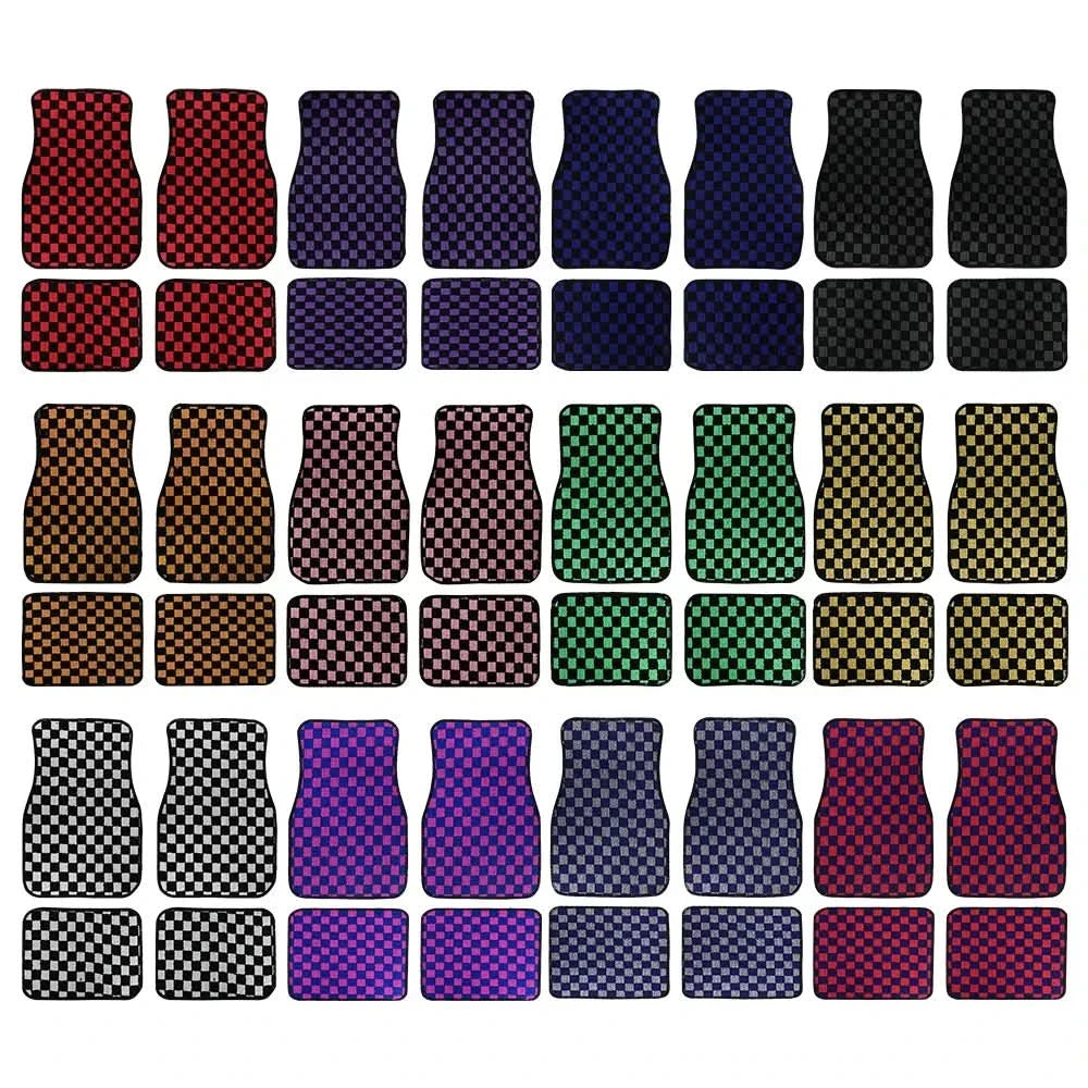 Universal Racing Checkered Plush Floor Mats – All-Weather Non-Slip Interior Carpet Set (4-Piece)