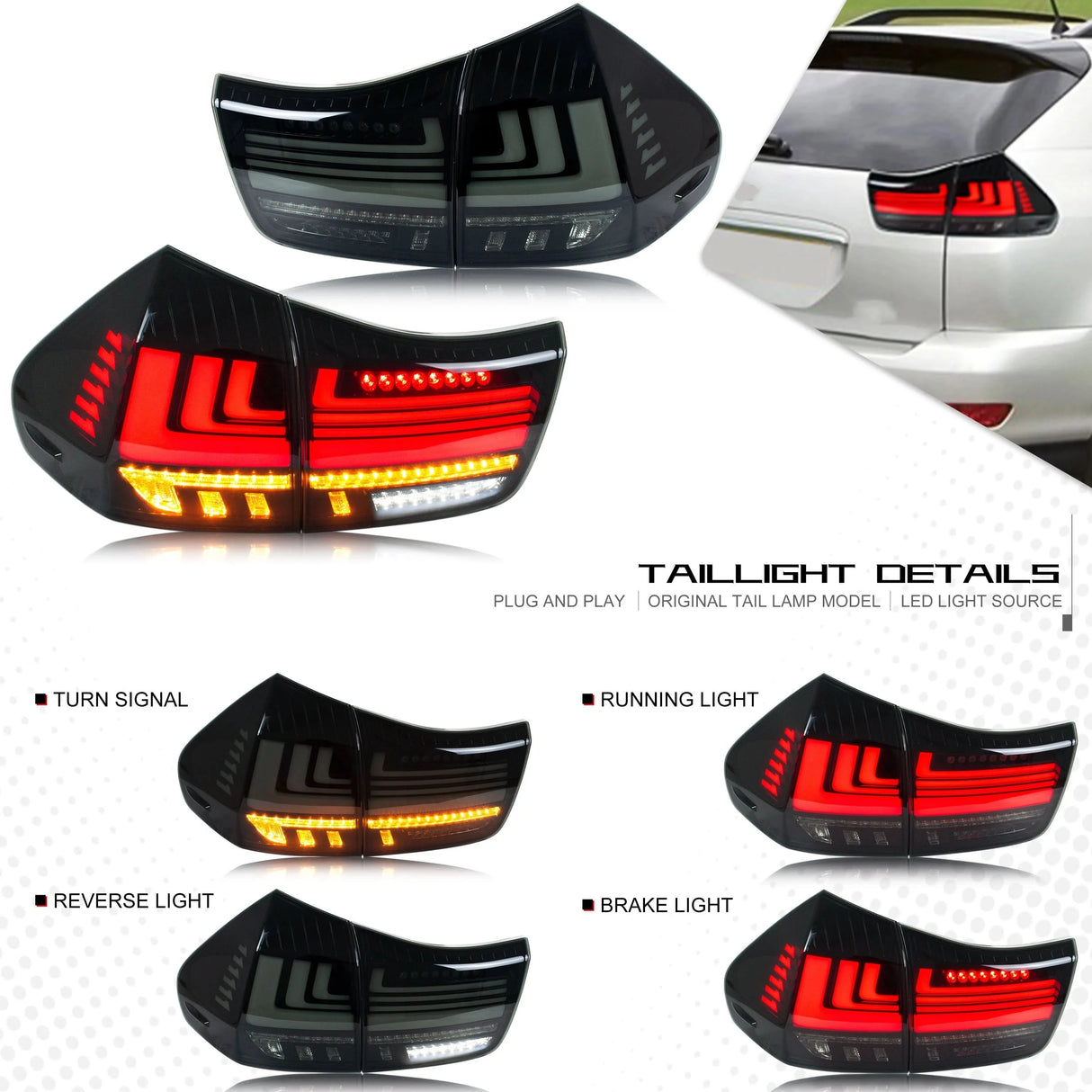 LED Tail Lights for Lexus RX330 / RX350 / RX400h (2004–2009) – Dynamic Turn Signal with Start-Up Animation