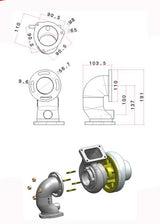 Cast iron turbocharger downpipe 90Â° 2 1/2" T3 4 bolts