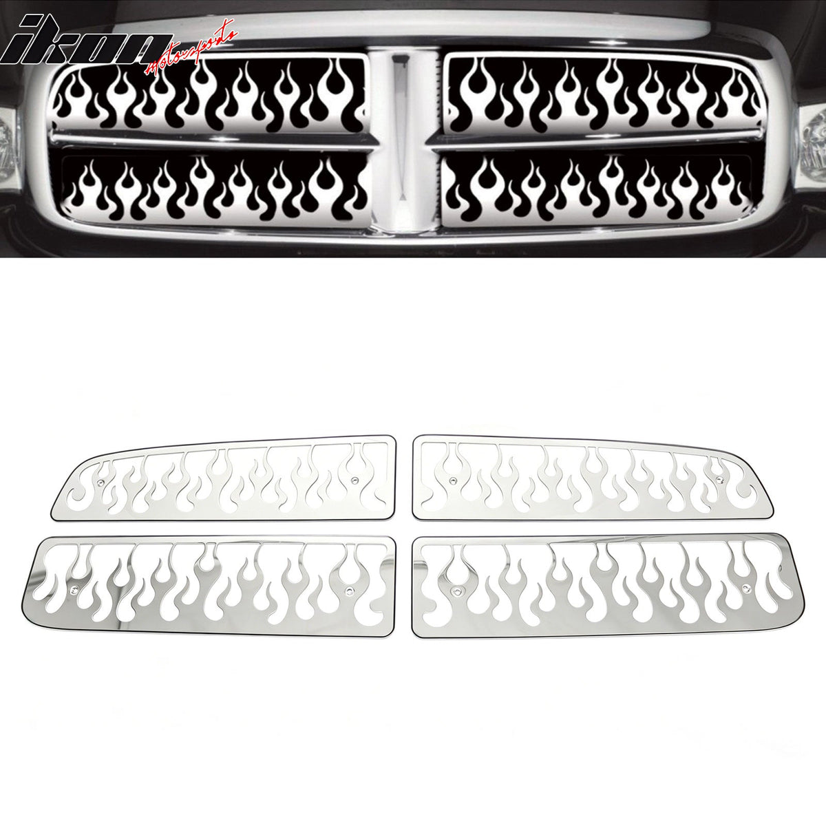 2002-2005 Dodge Ram 1500 2500 3500 Chrome Flame Design Front Bumper Upper Grille