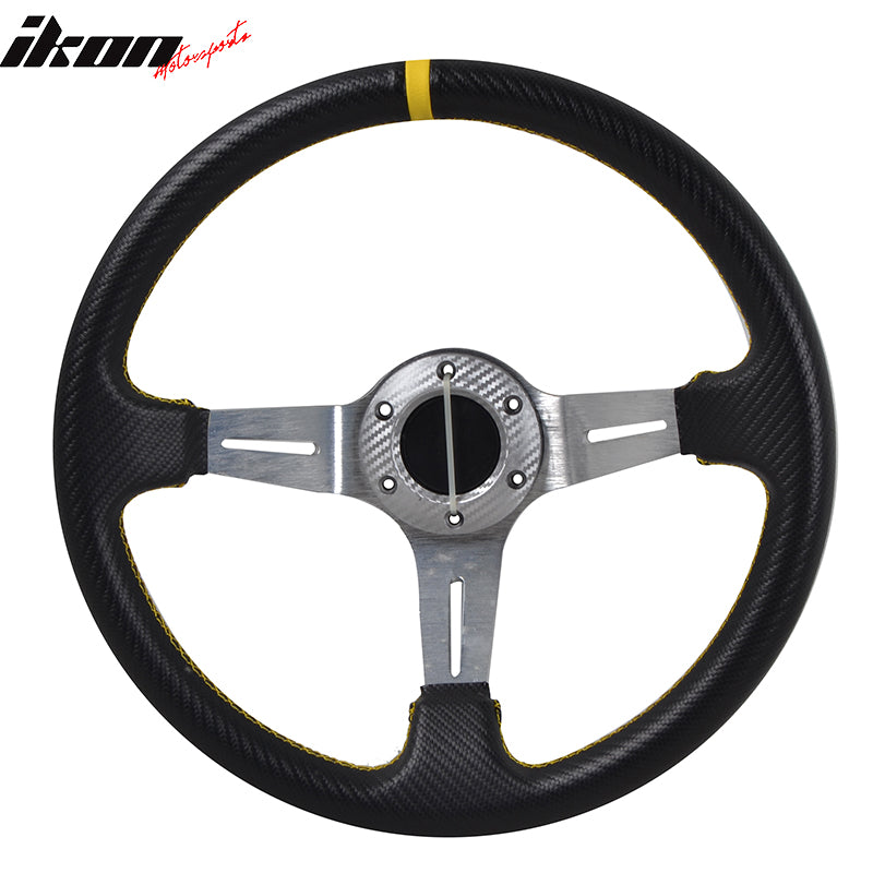 Universal 350MM Steering Wheel 6 Hole Silver Spoke Yellow Black Emblem