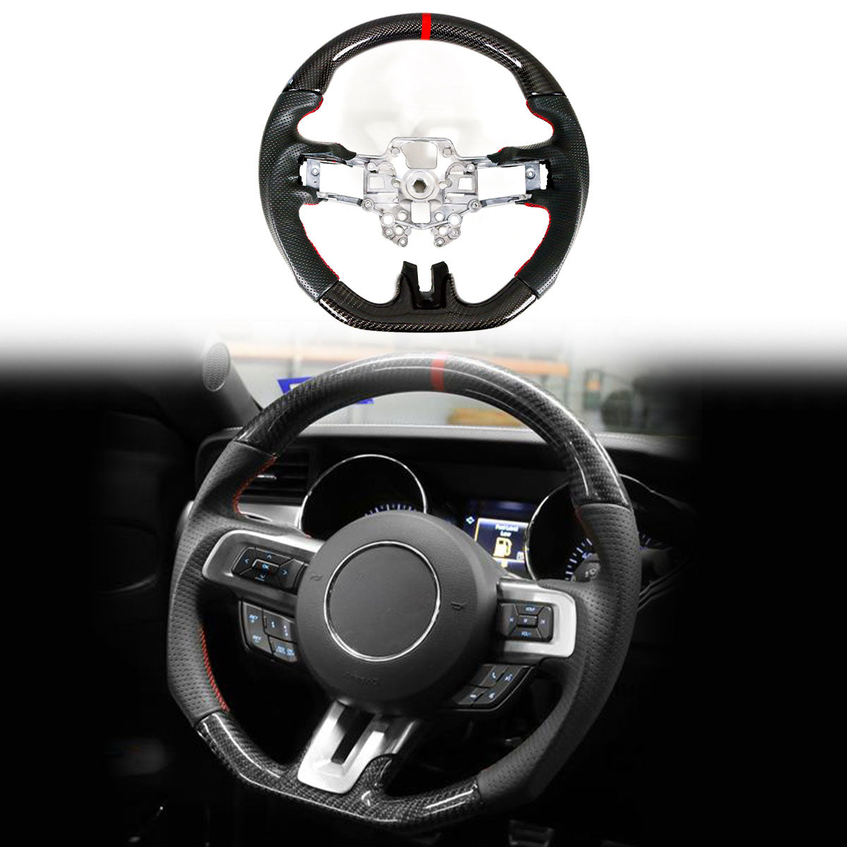 2018-2023 Ford Mustang V1 Steering Wheel w/ Red Stitching Carbon Fiber