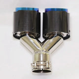 Universal Dual Exit Carbon Fiber Exhaust Tip – Blue Stainless Steel Y-Pipe Performance Muffler (Single Piece)