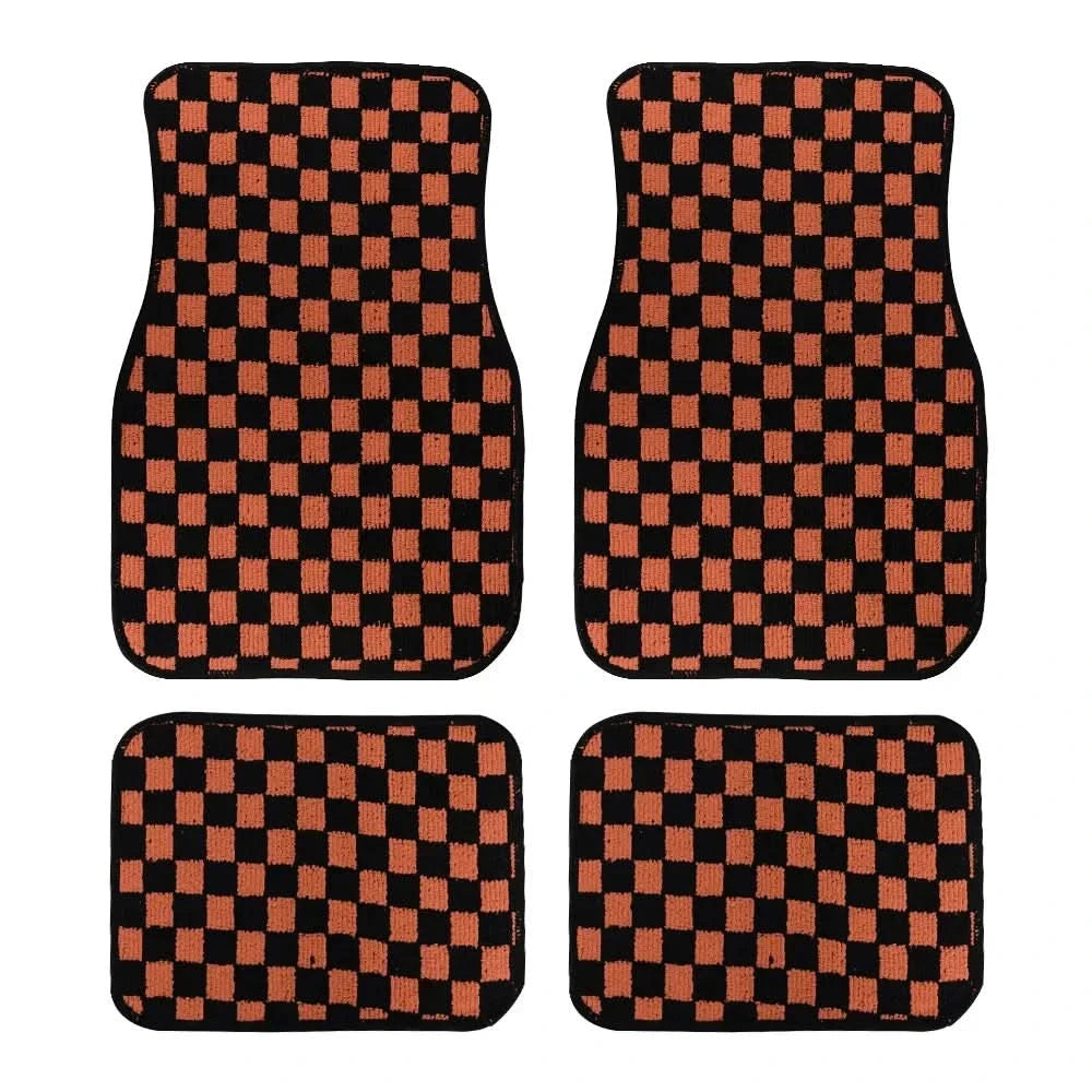 Universal Racing Checkered Plush Floor Mats – All-Weather Non-Slip Interior Carpet Set (4-Piece)