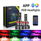 RGB LED Headlight Bulb Kit with App Control – Multi-Fit H1 H4 H7 H11 9005 9006 D2S D3S (Pair)