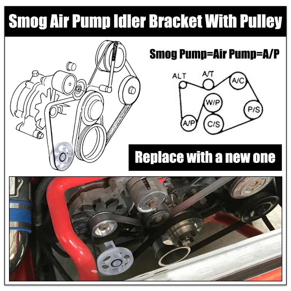 Ford Mustang Cobra / GT / LX & Lightning Billet Aluminium Smog Air Pump Idler Bracket Delete Kit with Pulley 1979 - 1995 (5.0L / 5.8L)
