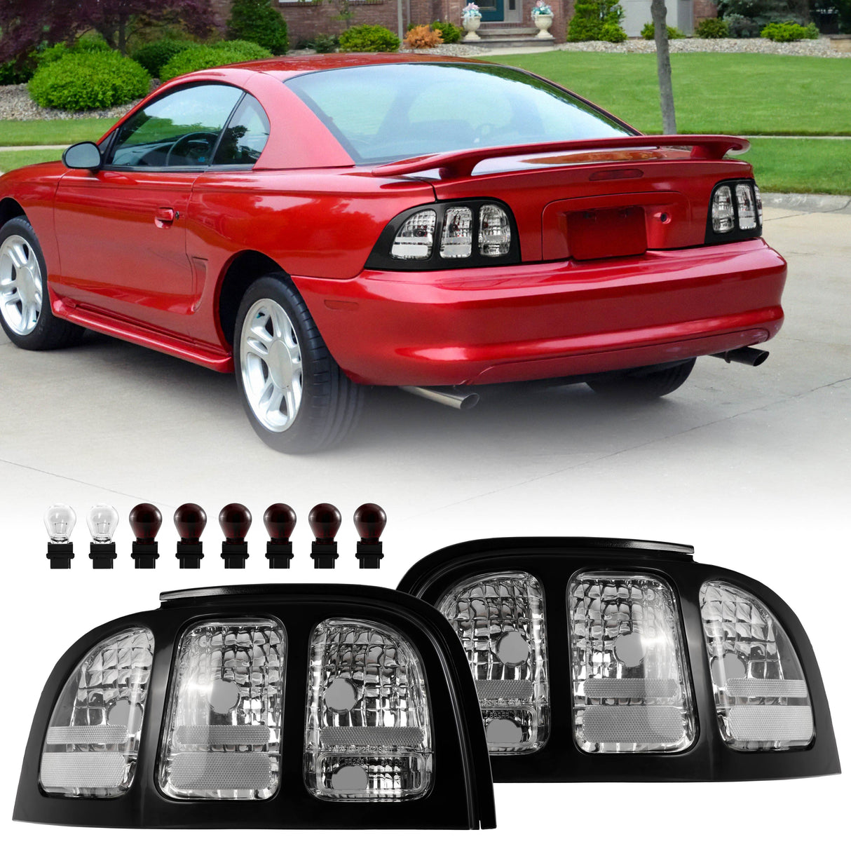 1996-1998 Ford Mustang Black Trim Clear Lens Tail Lights