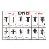 240pc Plastic Clips Kit w/ Removal Tool - 12 Sizes Black
