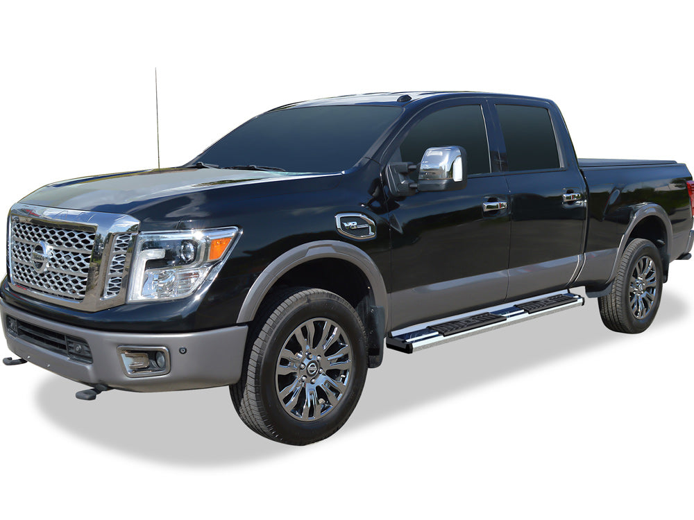 Stainless Steel + PE Step Area Both Sides Running Board-S Series 2004-2024 Nissan Titan Crew Cab (Exl. 2016 Models)\ 2016-2024 Nissan Titan XD Crew Cab WB14SJE0S