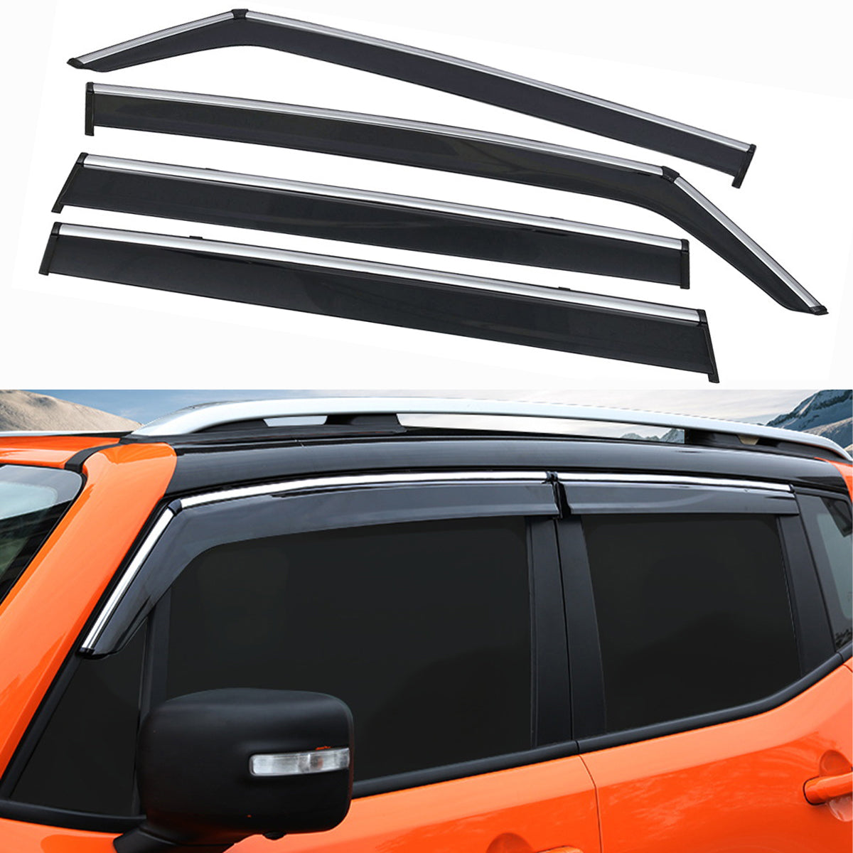 Window Visors for Jeep Renegade 2015-2024 Slim w/Chrome Polycarbonate 4PC