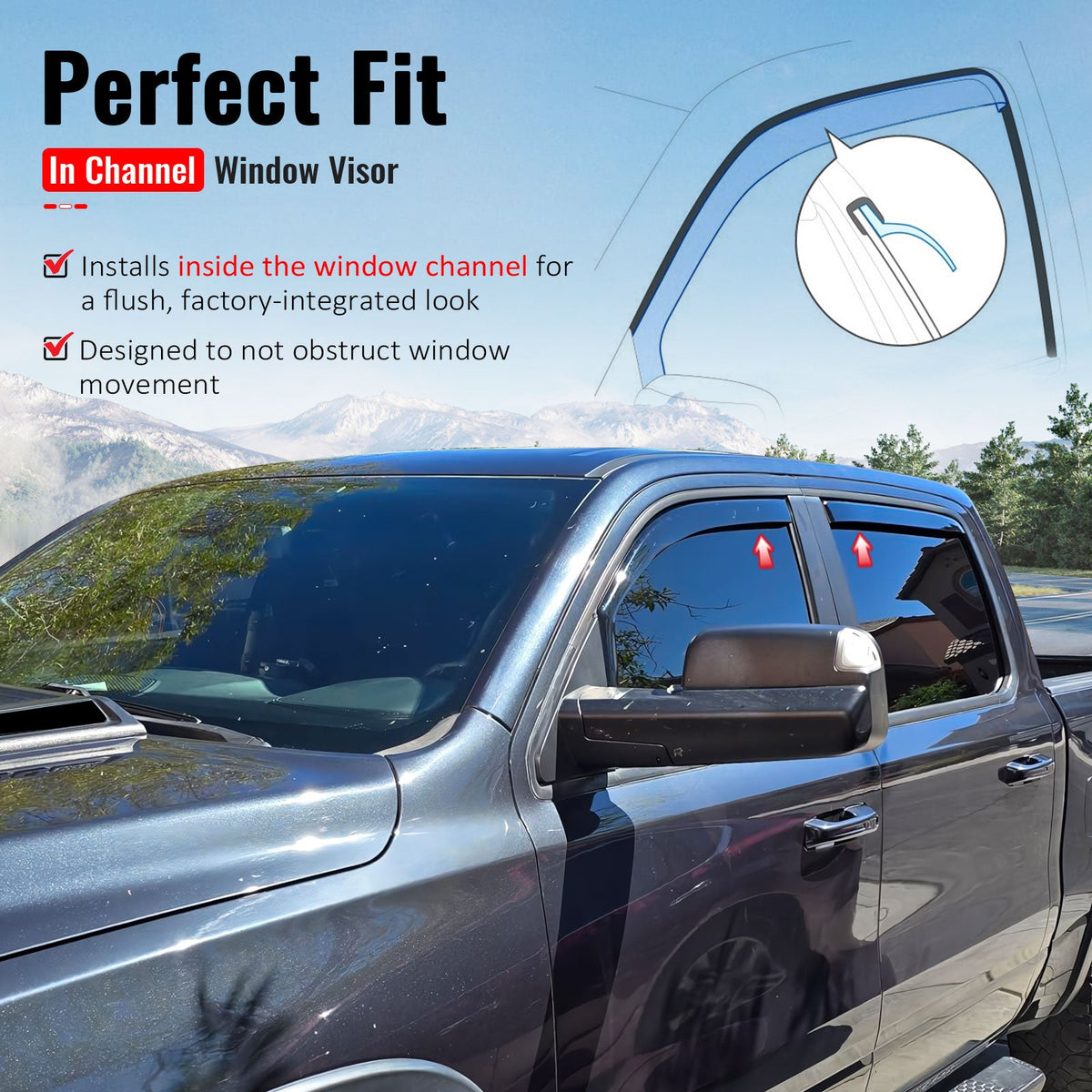 2019-2026 Ram 1500 Crew Cab (Not Fit Classic Models) In-Channel Window Visors Sun Shades Vent Rain Guards Deflectors Acrylic Smoke/Tinted 4PCS