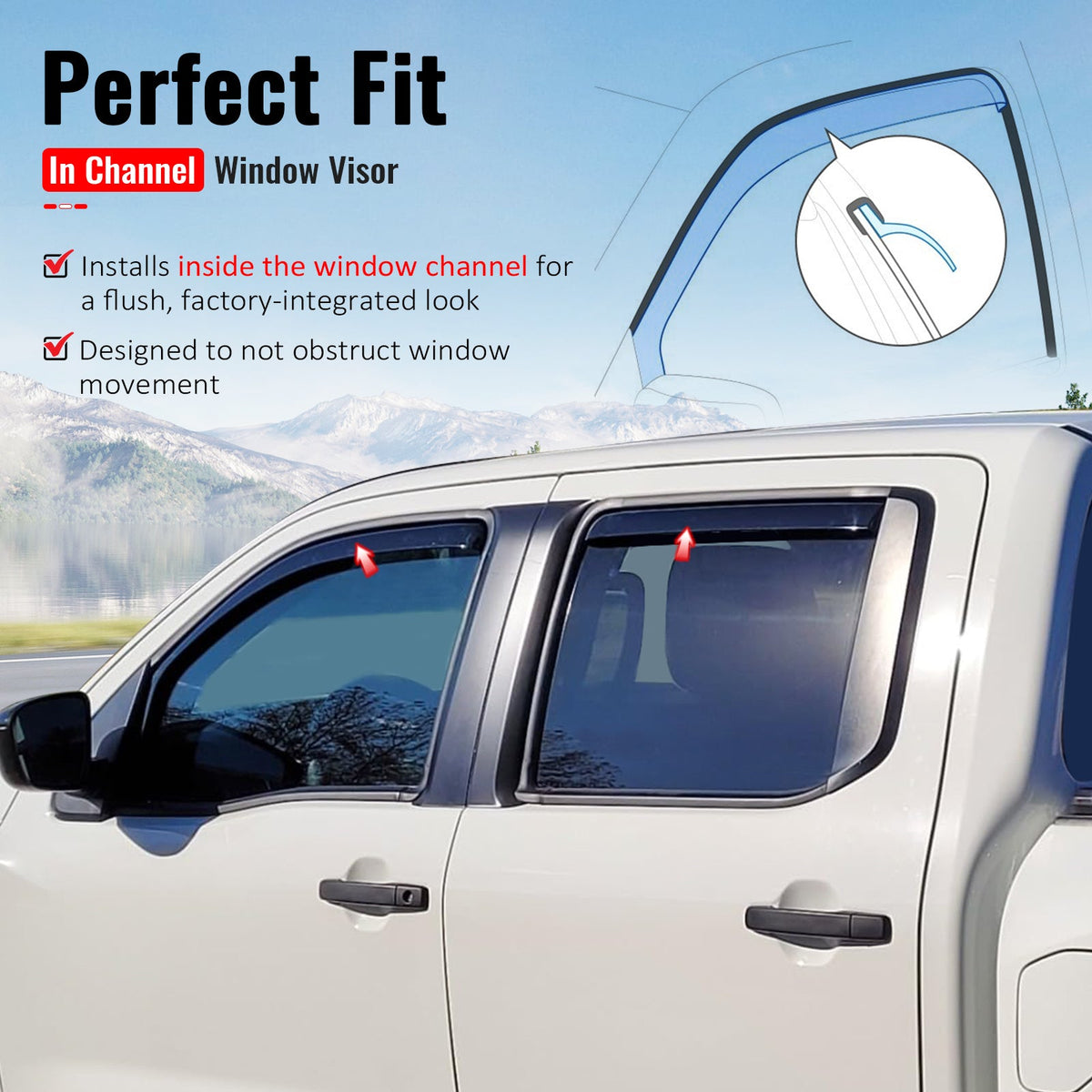 2022-2026 Nissan Frontier Crew Cab In-Channel Window Visors Sun Shades Vent Rain Guards Deflectors Acrylic Smoke/Tinted 4PCS