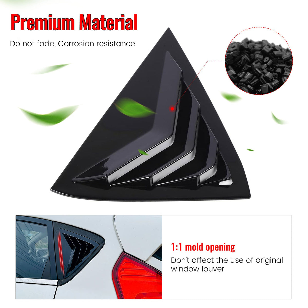2011-2019 Ford Fiesta Hatchback 2PCS Rear Side Window Louvers Scoop Quarter Panel Sun Shade Shutter Cover Vent ABS Plastic Gloss Black