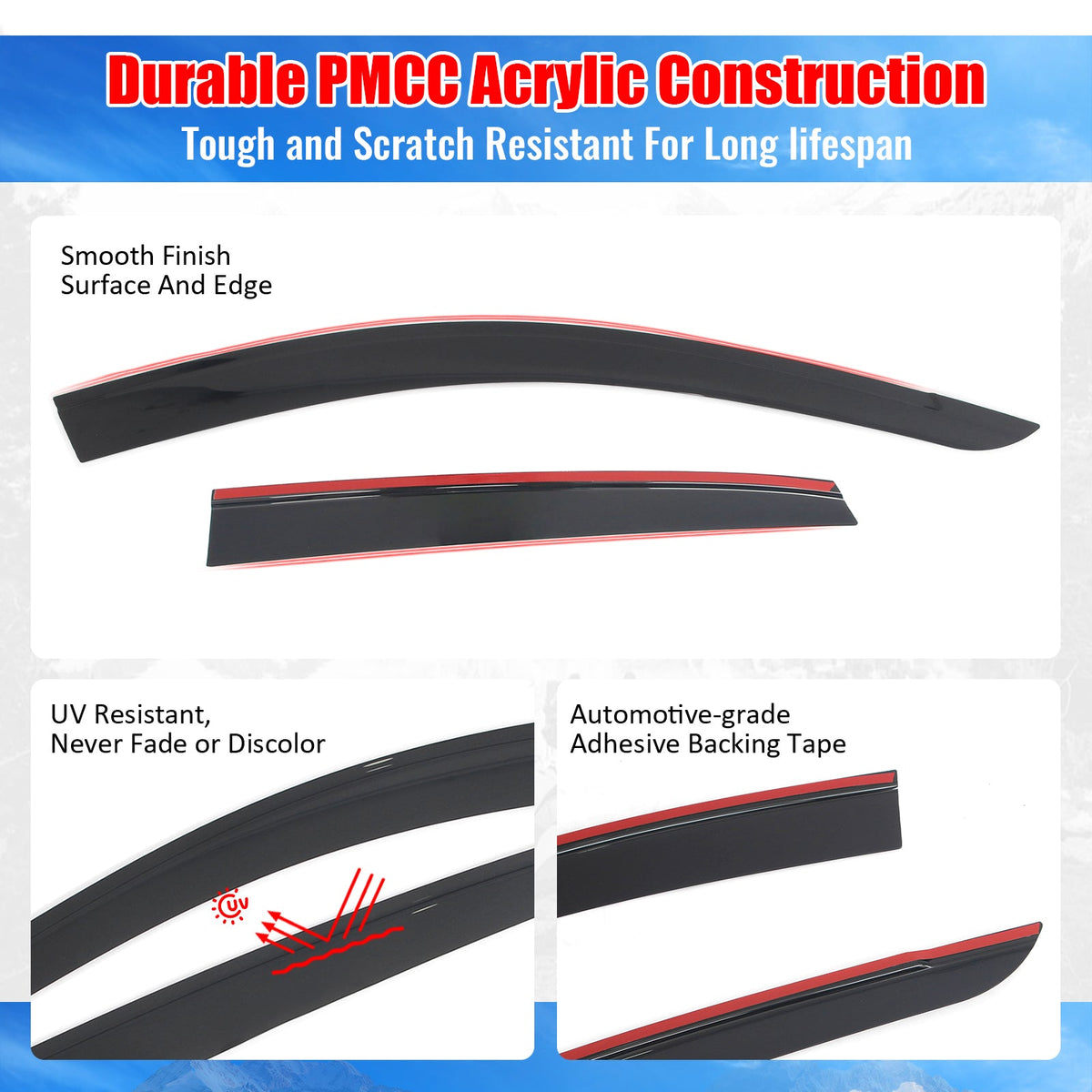 2018-2023 Hyundai Kona Tape-on Window Visors Sun Shades Vent Rain Guards Deflectors Low Profile Style Acrylic Smoke/Tinted 4PCS