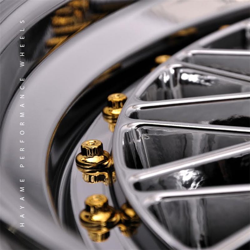 17x8.5 In Platinum Chrome Hayame Performance Wheel Rims Gold Accent