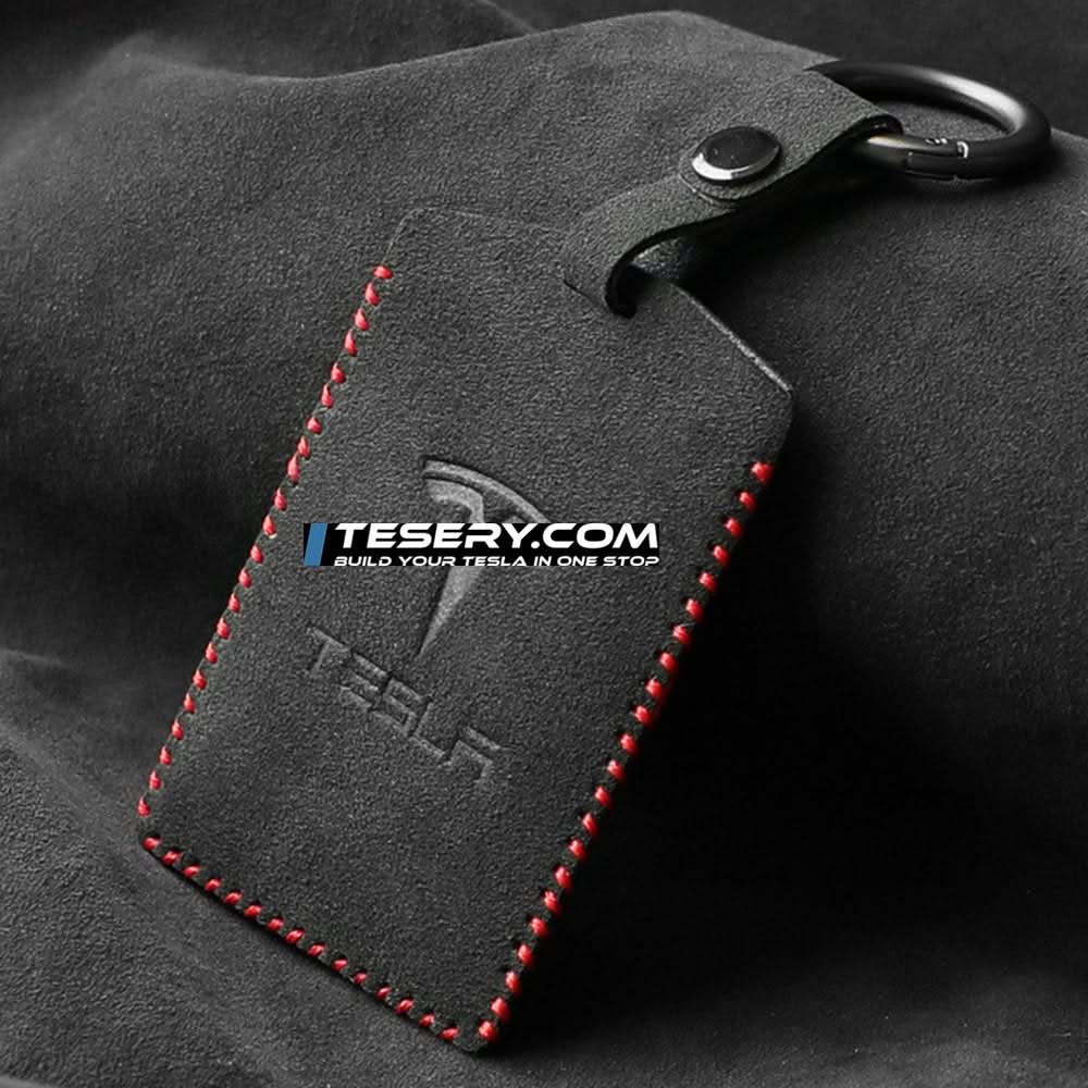 Alcantara Key Card Holder for Model 3/Y | Italian Material | Hook & Keychain | White Stitching