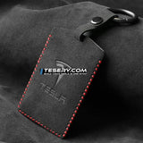 Alcantara Key Card Holder for Model 3/Y | Italian Material | Hook & Keychain | White Stitching