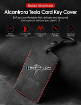Alcantara Key Card Holder for Model 3/Y | Italian Material | Hook & Keychain | White Stitching