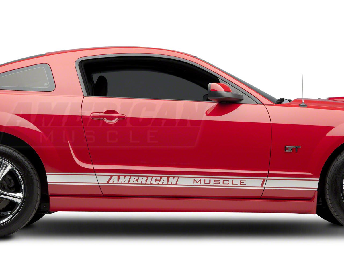 SEC10 Rocker Stripes with AmericanMuscle Logo; Silver (79-23 Mustang)