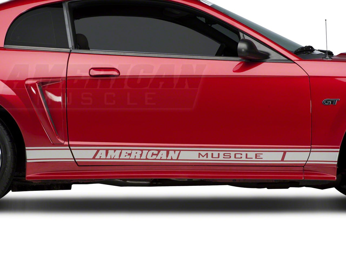 SEC10 Rocker Stripes with AmericanMuscle Logo; Silver (79-23 Mustang)