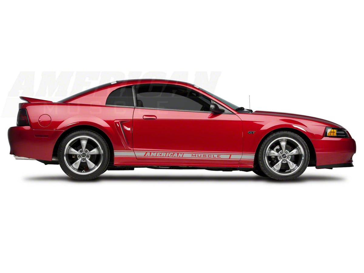 SEC10 Rocker Stripes with AmericanMuscle Logo; Silver (79-23 Mustang)