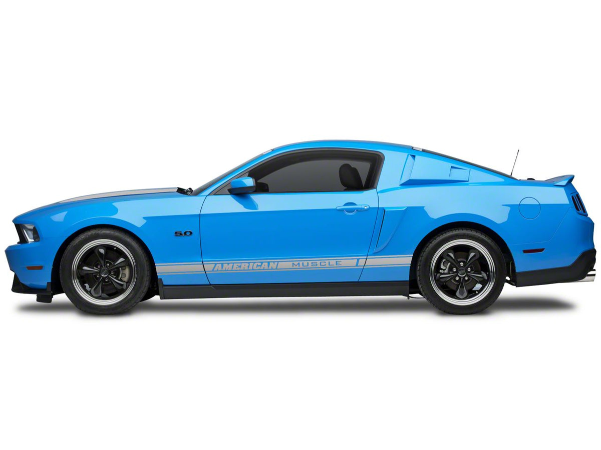 SEC10 Rocker Stripes with AmericanMuscle Logo; Silver (79-23 Mustang)