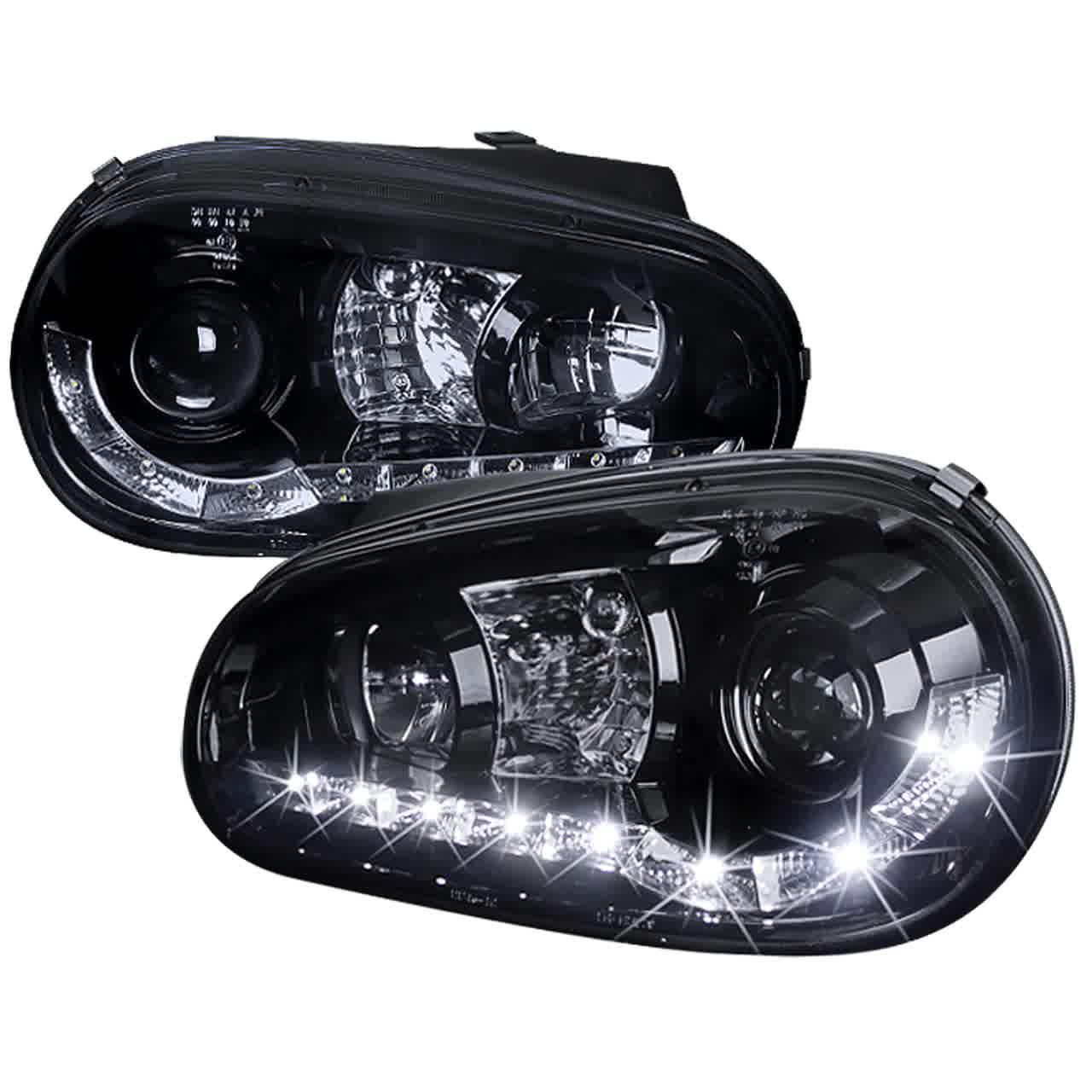 Spec D Projector Headlights VW Golf MK4 GTI 96 06 Cabrio 99 02 R32 2004 Black w R8 Style LED Strip Matte Black Clear Lens